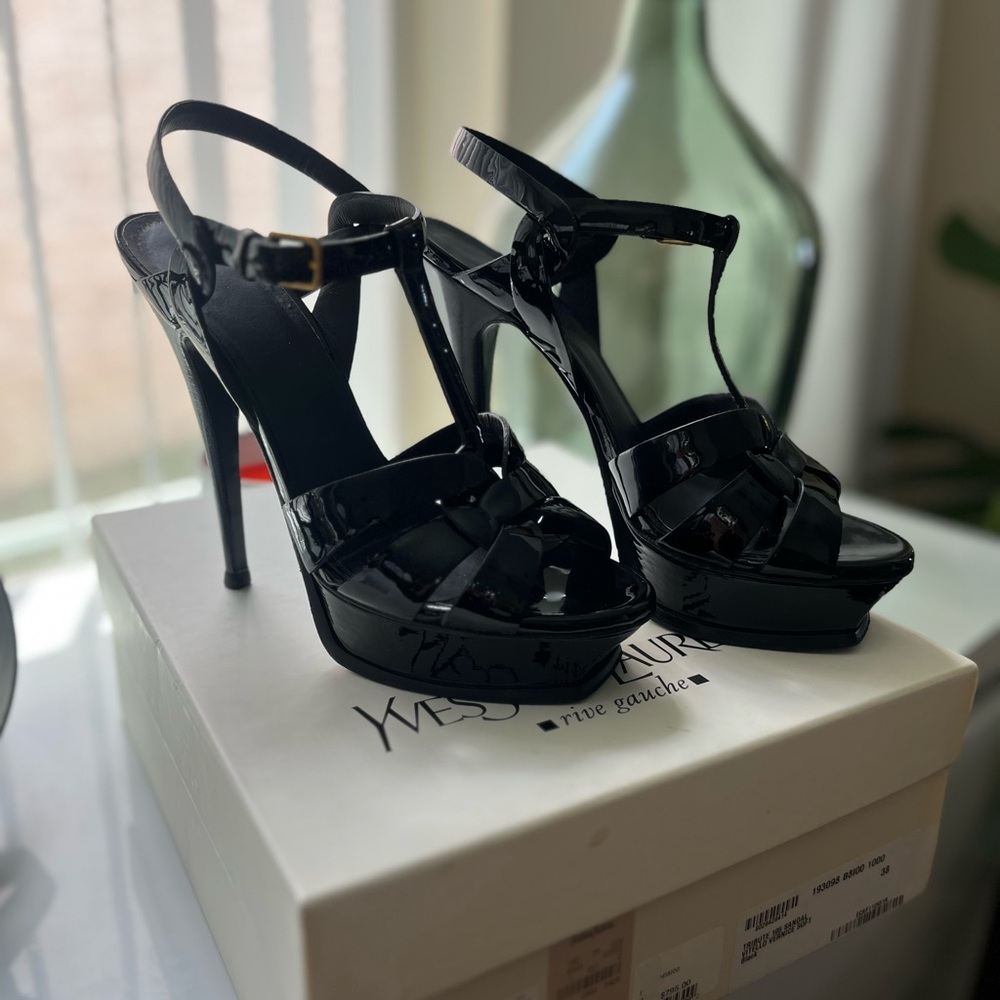 YSL TRIBUTE PATENT PLATFORM SANDALS, size 8/38 EU
